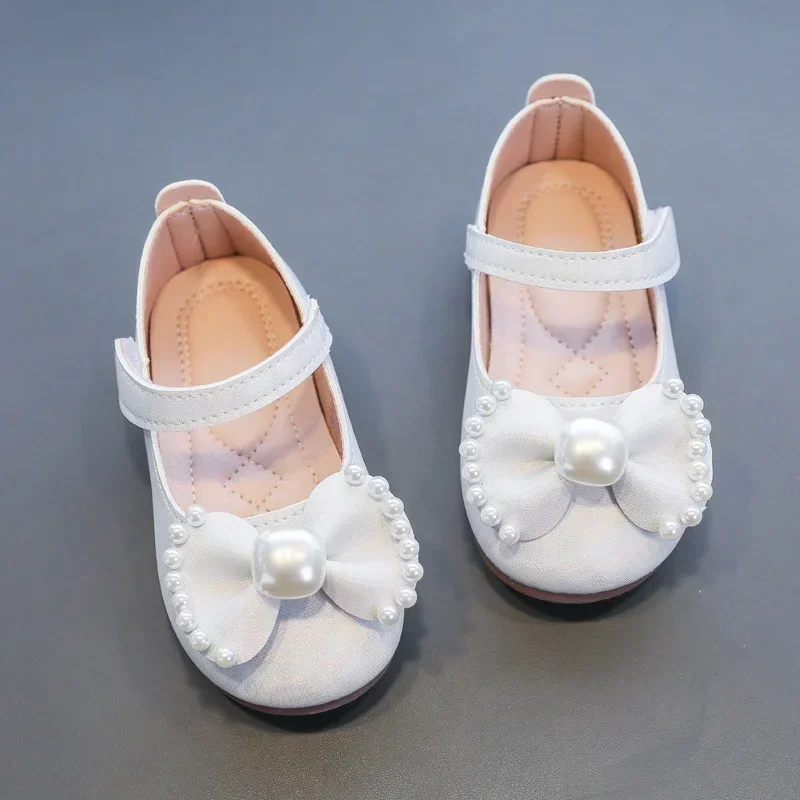 Baby Girls Leather Shoes Kids Flats Children Casual Flats Bow-knot Princess Sweet 2024 Spring Brand New Soft Rhinestone Pearls