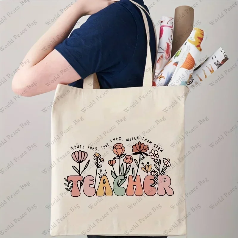 FD03  Teach Them, Love  Watch Them Grow Pattern Tote Bag, Floral Teacher Shoulder Bag   Gifts For Teachers