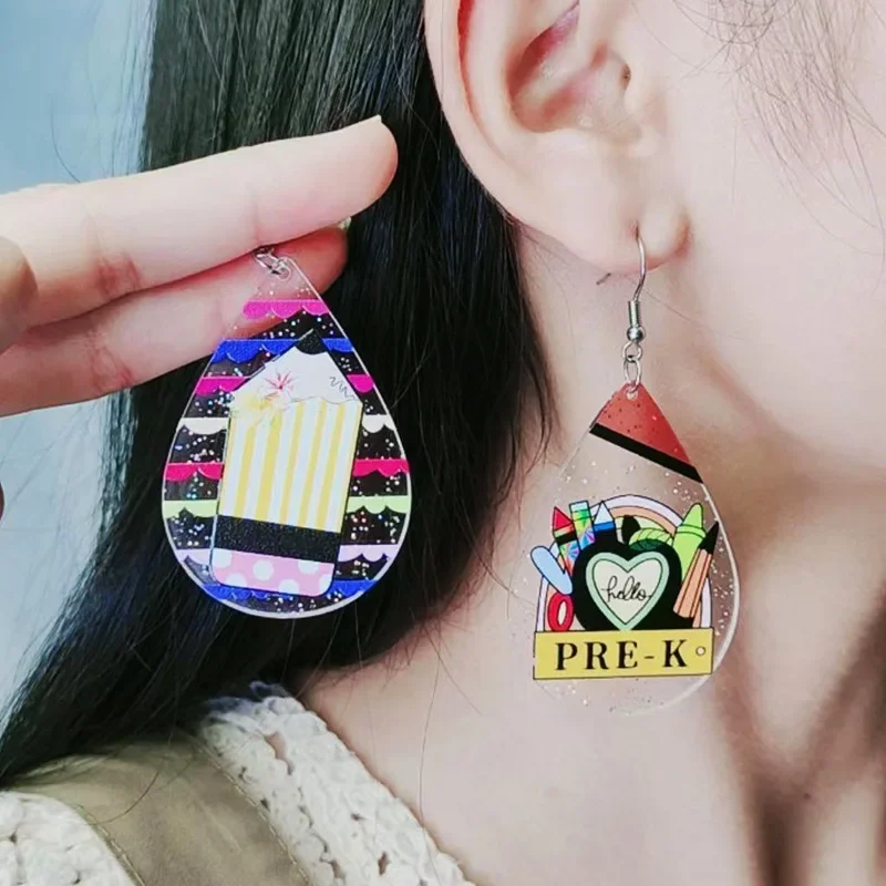 Gift,Teacher's water-saving drop shaped acrylic printed fashionable and personalized ear accessories for women trend