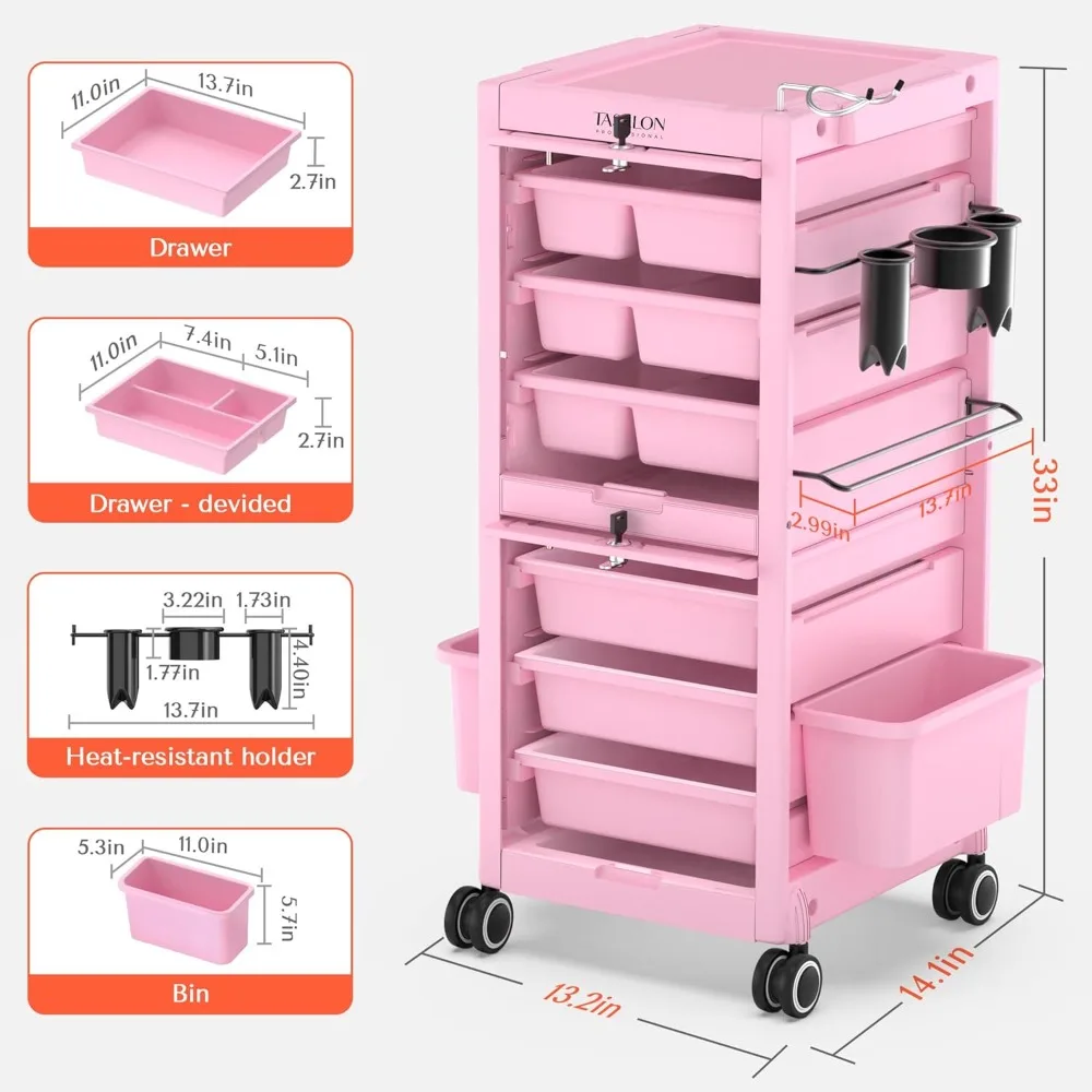 Lockable Beauty Salon Cart - Salon Trolley with 6 Drawers and Tool Holders, Rolling Cart with Wheels, Lock and Door, Pink