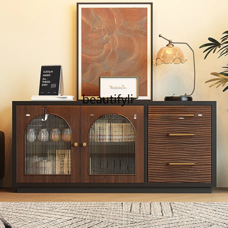 

French medieval dining side cabinet integrated against the wall retro solid wood storage cabinet storage cabinet