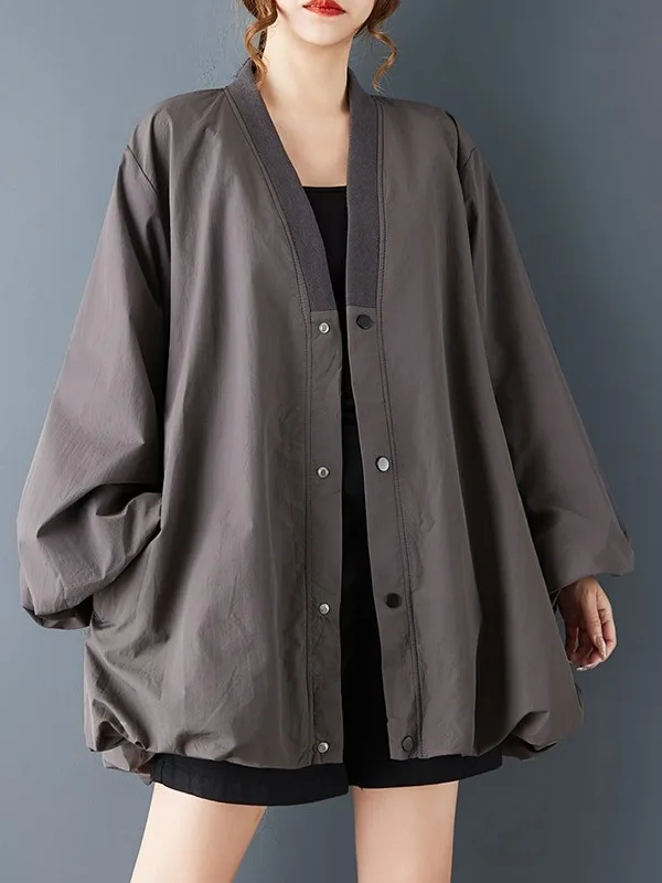 

Loose Fit Flower Bud aped Puffy Sve Long Sve V-Ne Button up Pure Color Women's plus Size Jaet Autumn Wear