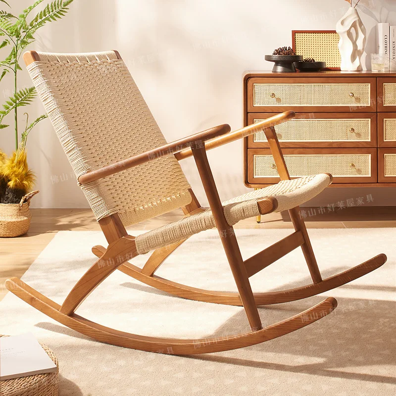 

Solid wood high back rocking chair rocking chair Nordic rattan Japanese rattan chair solid wood old man reclining chair rocking