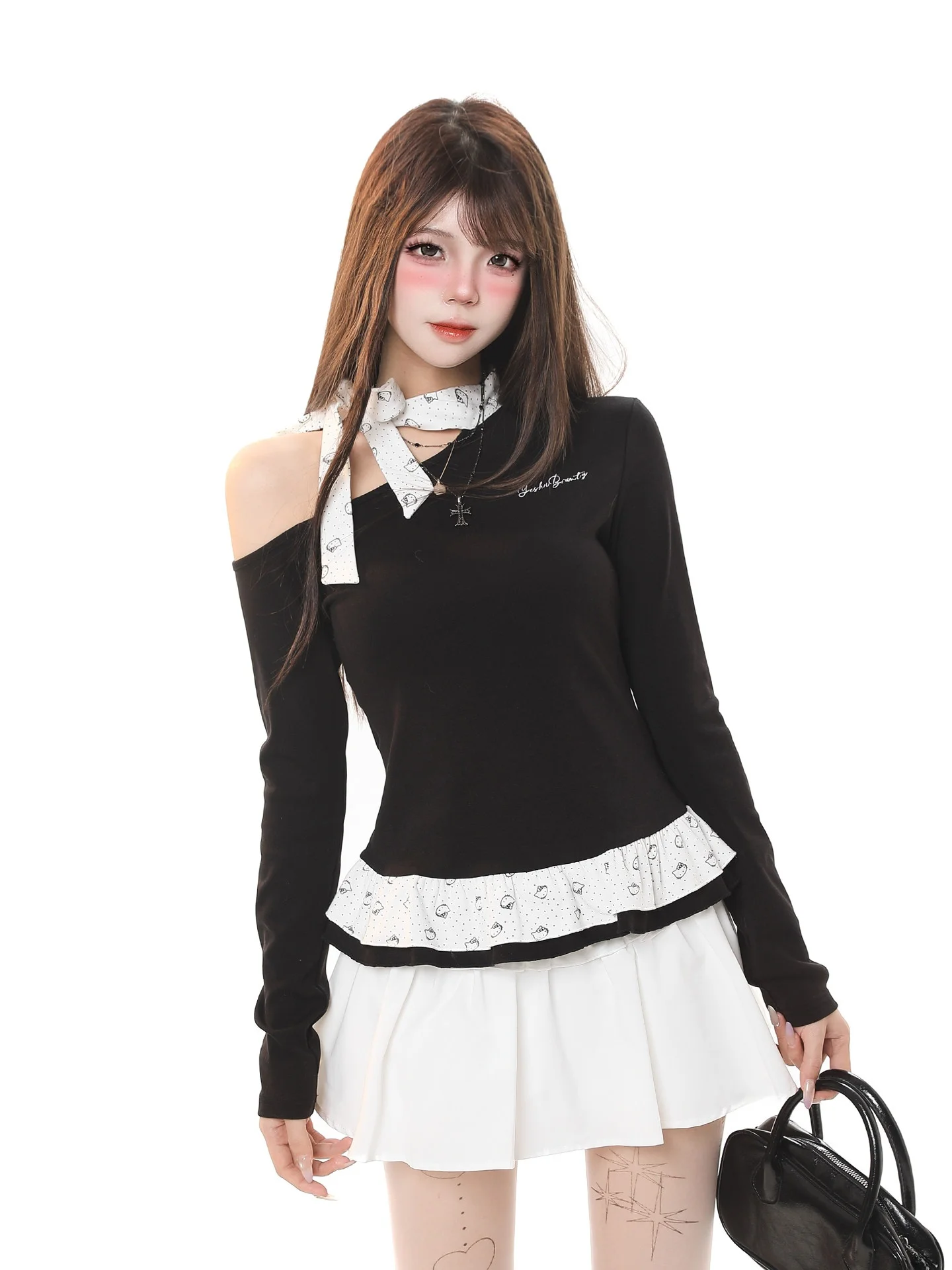 Stylish Long Sleeve T-Shirt Women's Spring Slimming Short Top Beautiful Strap Design Sensual Chic Girl Style Chinese Made