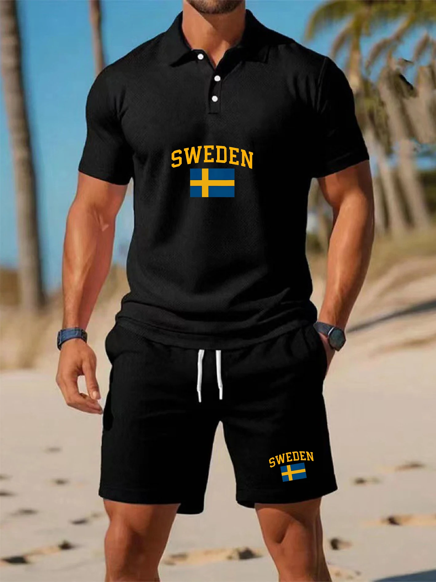 

Men's Loose Fit Sweden Print Polo Shirt Set, Breathable Sweat-Wicking Comfy Fabric, 2-Piece Business Polo & Athletic Shorts,