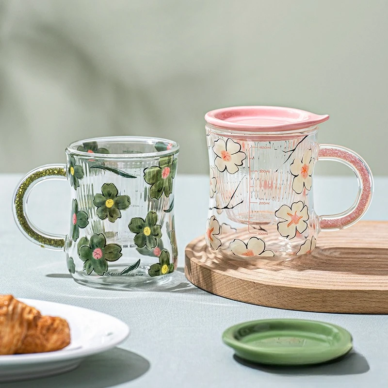 Ceramic Lid Glass Cup with Tea Strainer High Temperature Resistant Home Flower Tea Mug with Scale