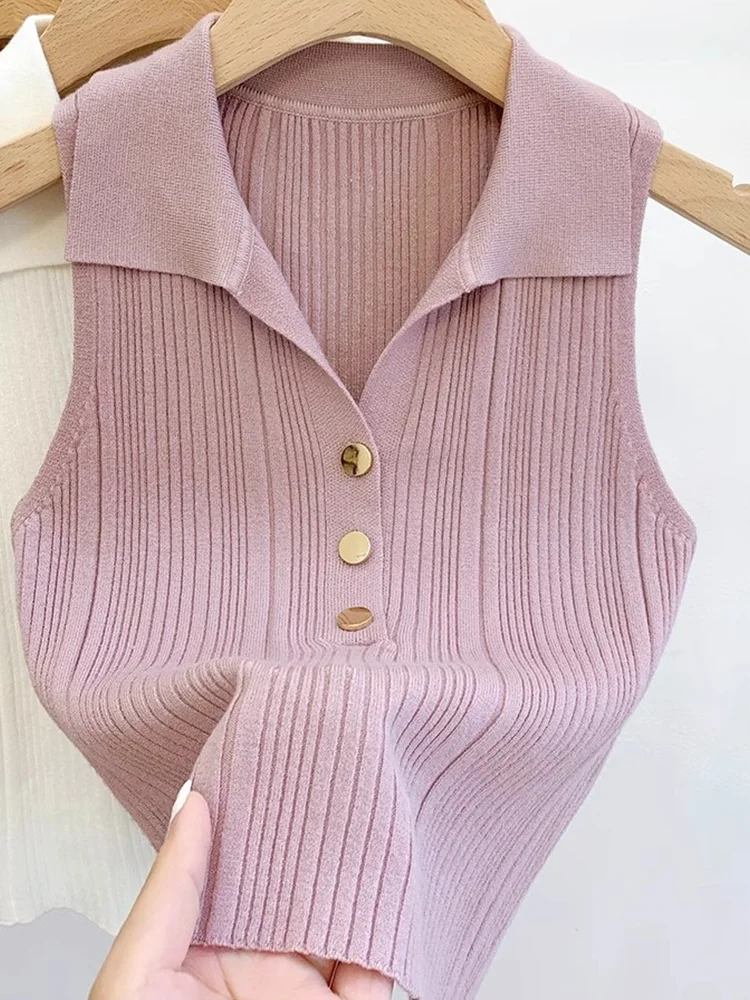  Collar Knitted Vest Women's Summer Unique Exquisite Svel Base irt Slim Fit Top Commute Sle ort Length Single...
