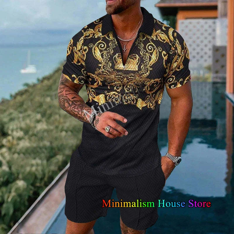 Men's Tracksuit Luxury 3D Print Short Sleeve Zipper Polo Shirt Shorts 2 Pieces Sets Summer Sports Suit Oversized Male Streetwear