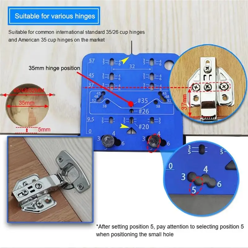 DT15 35mm Concealed Hinge Hole Template Jig, Aluminum Alloy Door Cabinet Drill Guide Locator with Center Punch, for Hinge