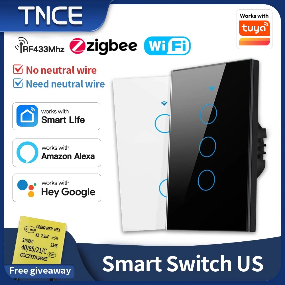 TNCE Tuya US Switch WiFi Zigbee, 1/2/3/4 Gang, No-Neutral/Wire LED Light Control Wall Button, Smart Voice with Alexa Google Home