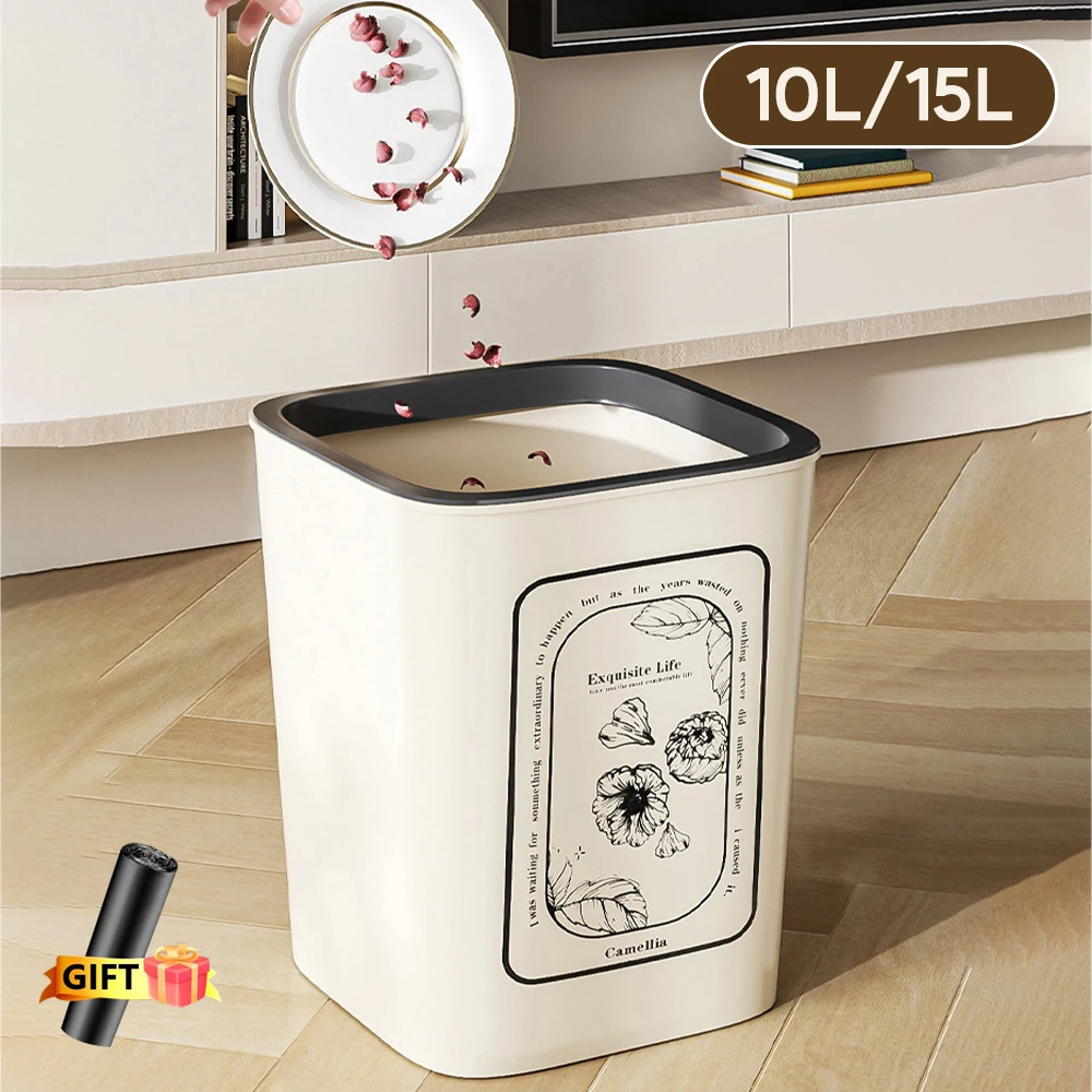 10/15L Trash Can Plastic Waste Basket Garbage Can Container Bin for Bathroom Office Bedroom Kitchen Home Kids Rooms Square