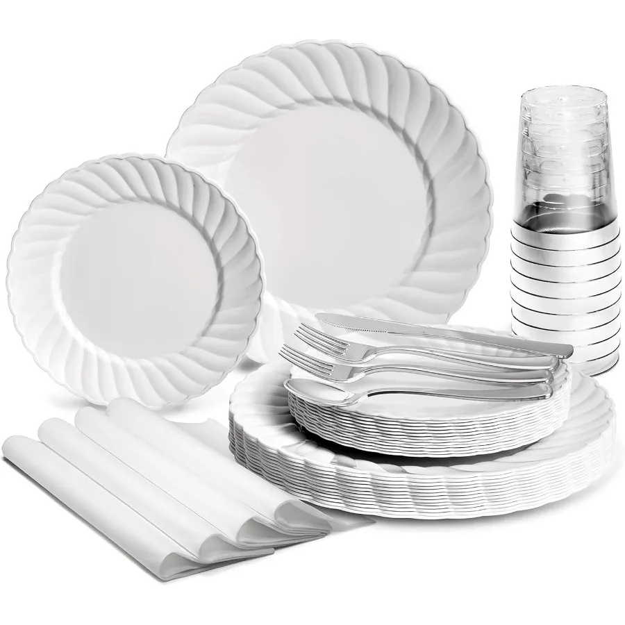 

OCCASIONS, набор из 320 предметов, 40 гости, одноразовые пластиковые тарелки для свадебной вечеринки, 40 x 10,25 дюйма + 40 x 7,5 дюйма + серебро + 12 унций Cu