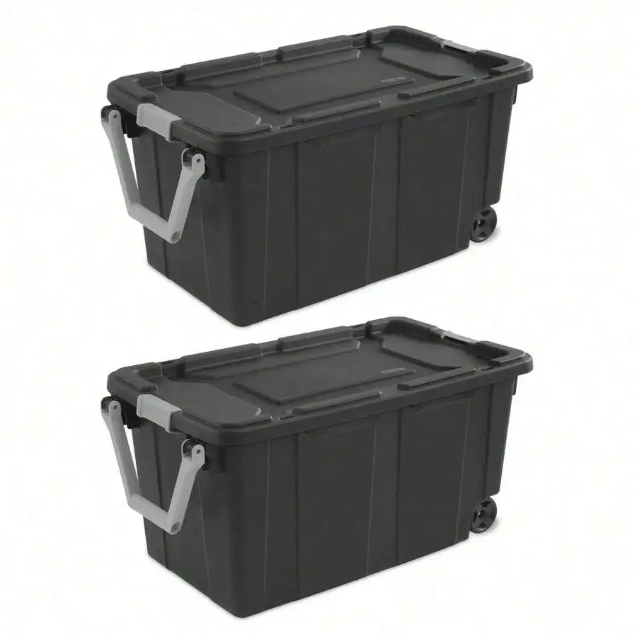 40 Gallon Wheeled Industrial Tote, Rugged Plastic Storage Bin, Latch Lid, Dark Gray, 2 Count