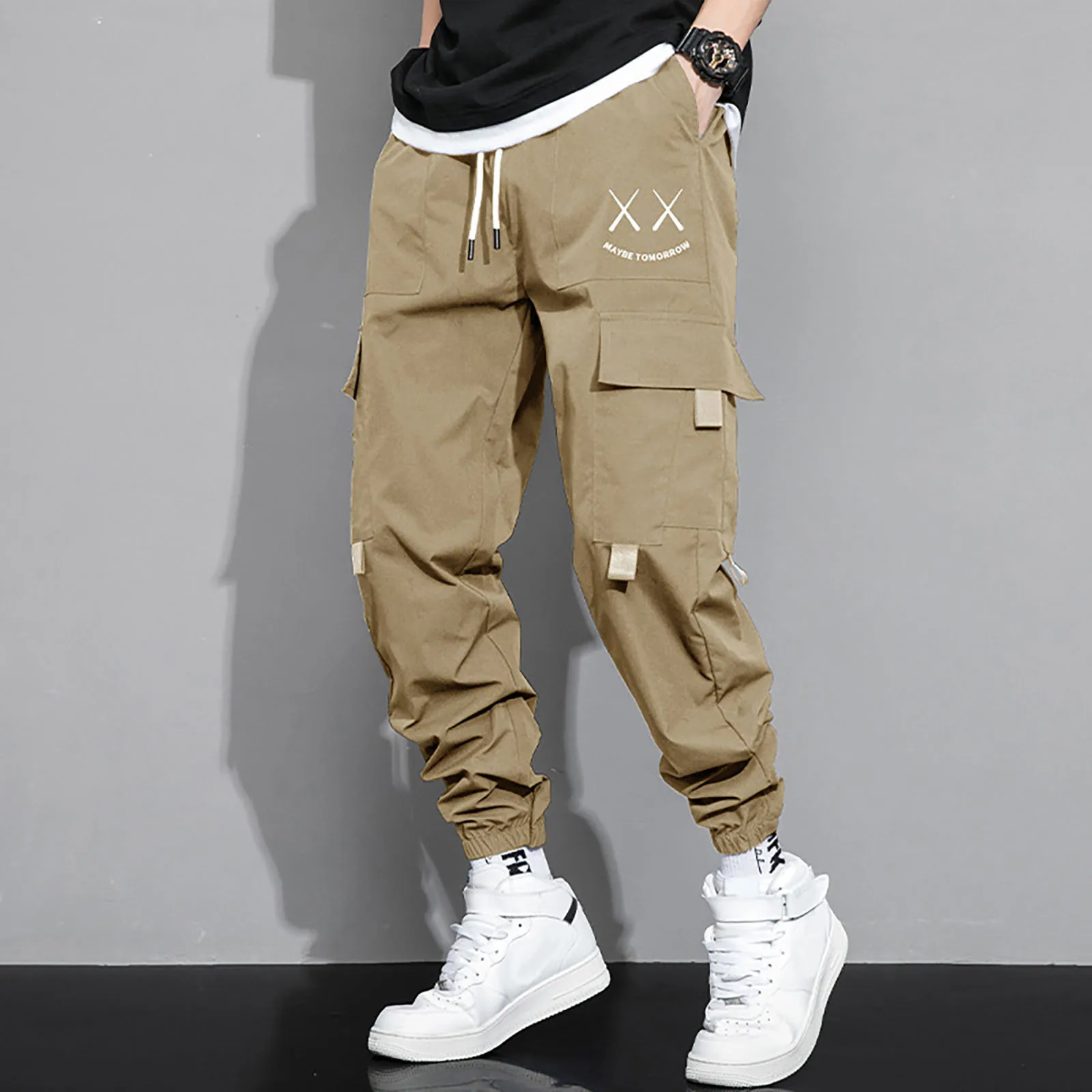 Men'S New Multi-Pocket Fashion Overalls American Casual Trend Sports Pants Drawstring Lace-Up All Match Casual Ankle Pants