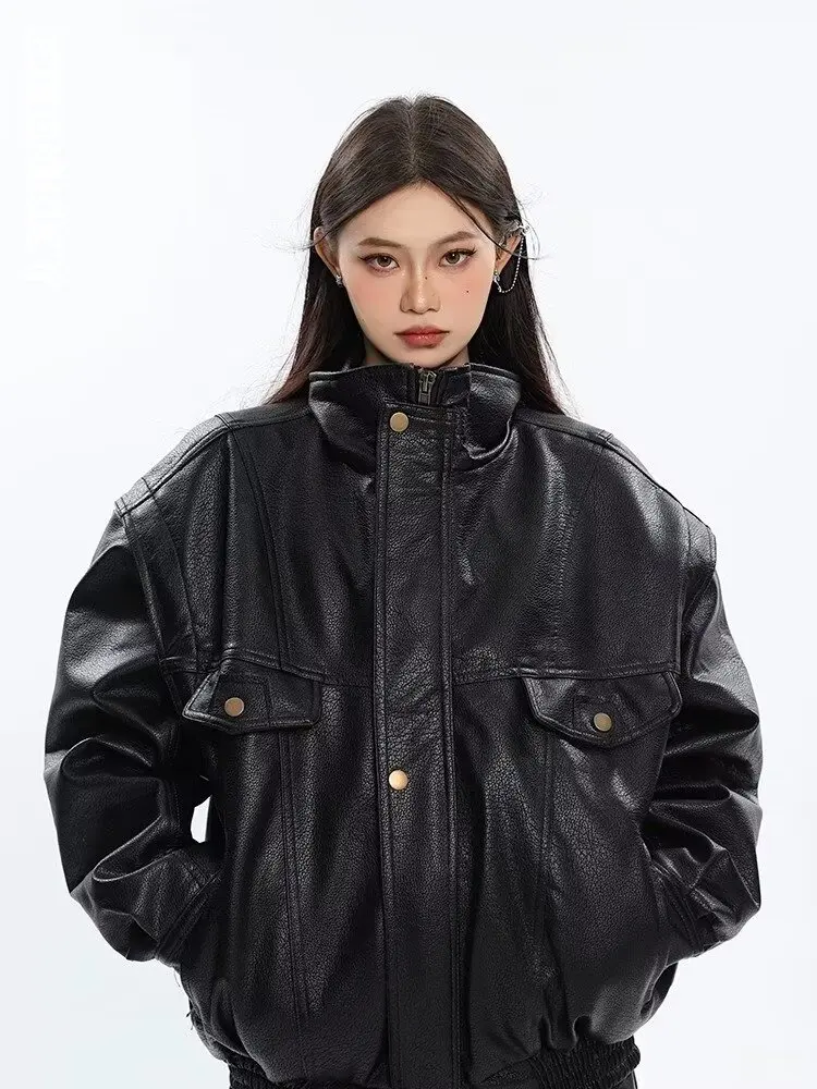 Thick Black Pu Leather Jacket Women Bomber Spring Autumn Oversized Windproof Zip Up Luxury Designer Motorcycle Unisex Outwear