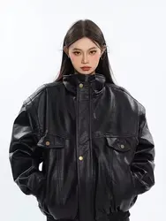 Chaqueta de cuero Pu negra gruesa para mujer, Bomber de gran tamaño, a prueba de viento, cremallera, diseñador de lujo, prendas de vestir de motocicleta Unisex, primavera y otoño