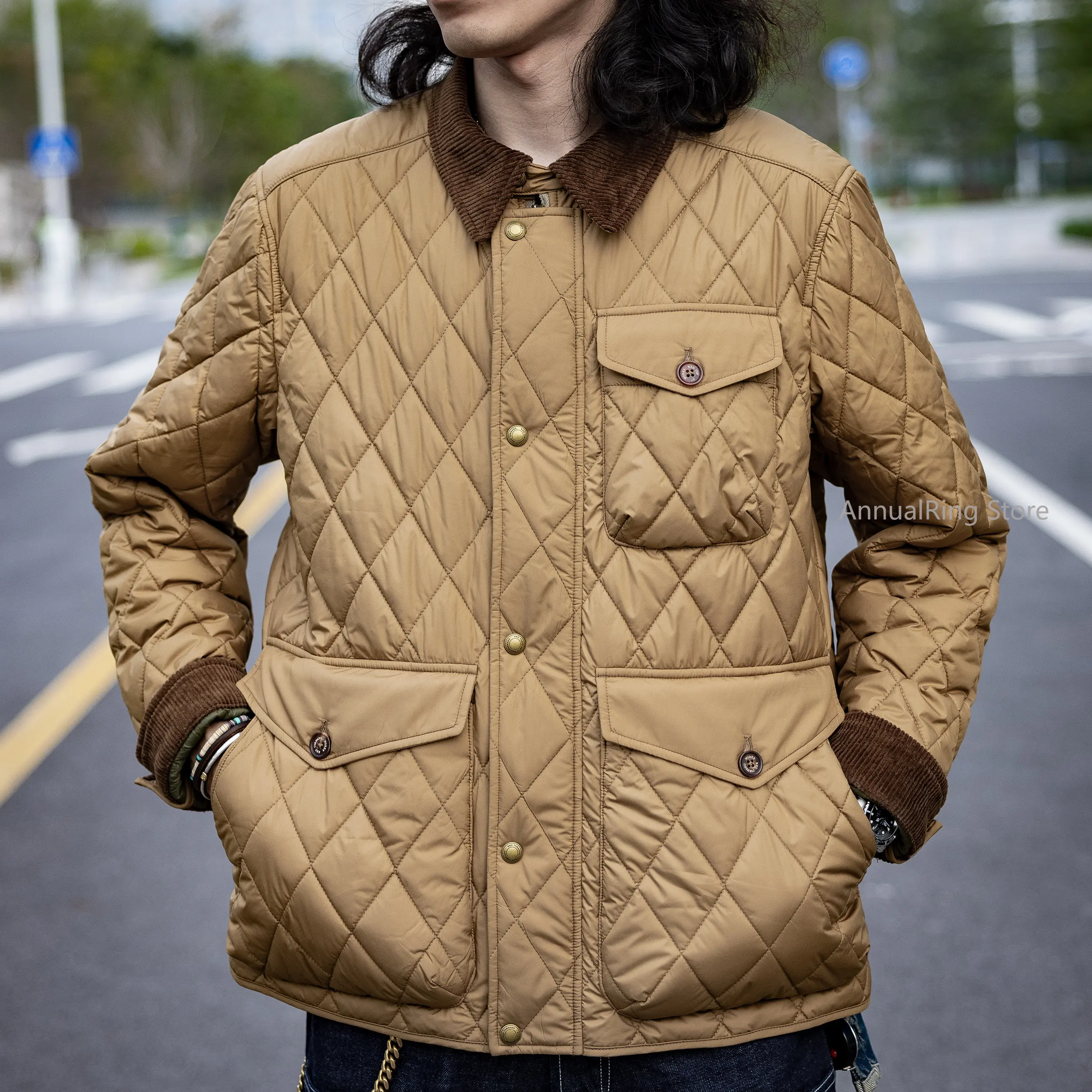 

Мужская стеганая куртка Red Tornado в стиле хаки с вельветовым воротником, с множеством карманов, утепленная