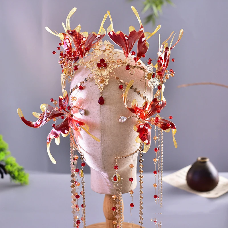 

NiuShuya Handmade Exotic Princess's Hanfu Headwear Tassel Flower Liquid Red Fire Designs Hair Accessories