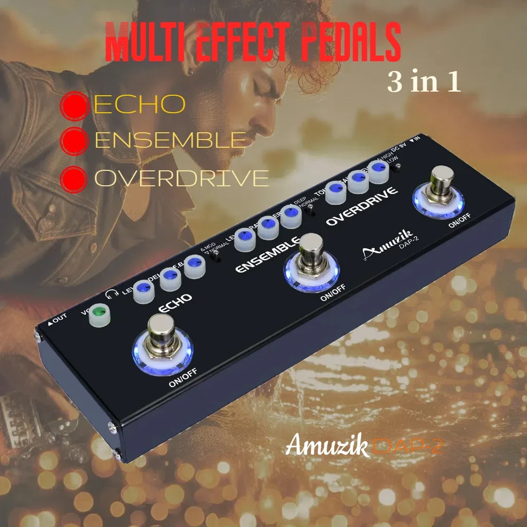 

Amuzik DAP-1 Multi Guitar Effect Pedal, Multi Electric Combined Effects, Delay Ocean Verb Distortion, 3-in-1 Pedals, True Bypas