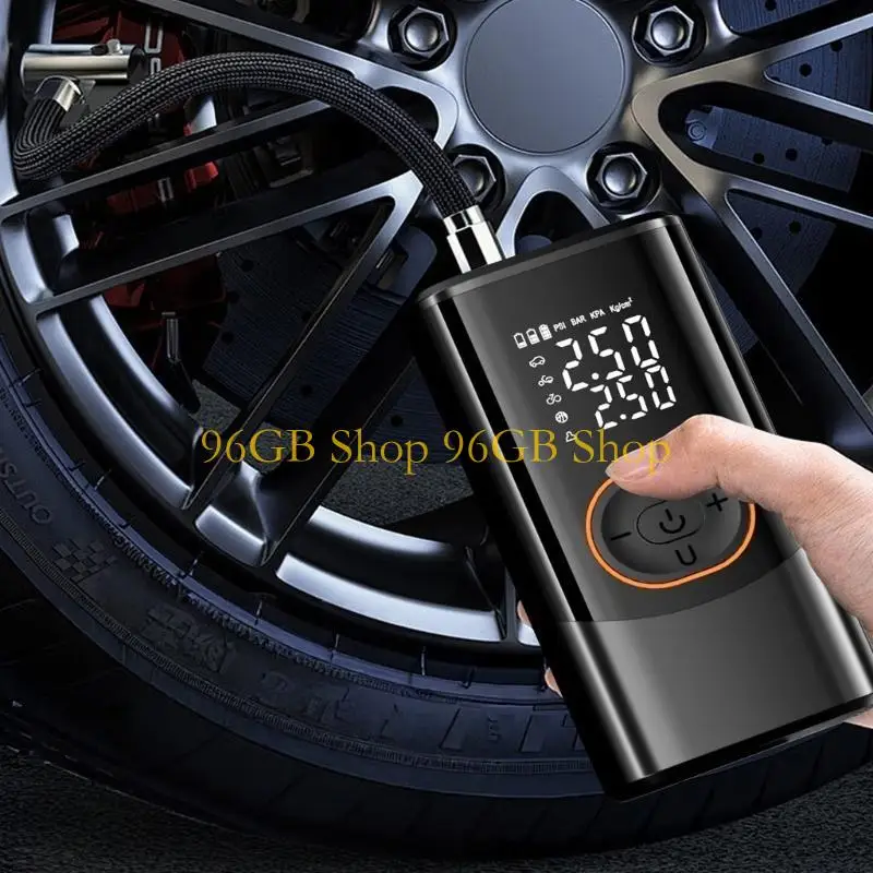 

96GB Vehicle Digital Portable Electric Air Compressor Multiple Use Nozzles Fast Inflation Wireless Charging Built In LED Lamp
