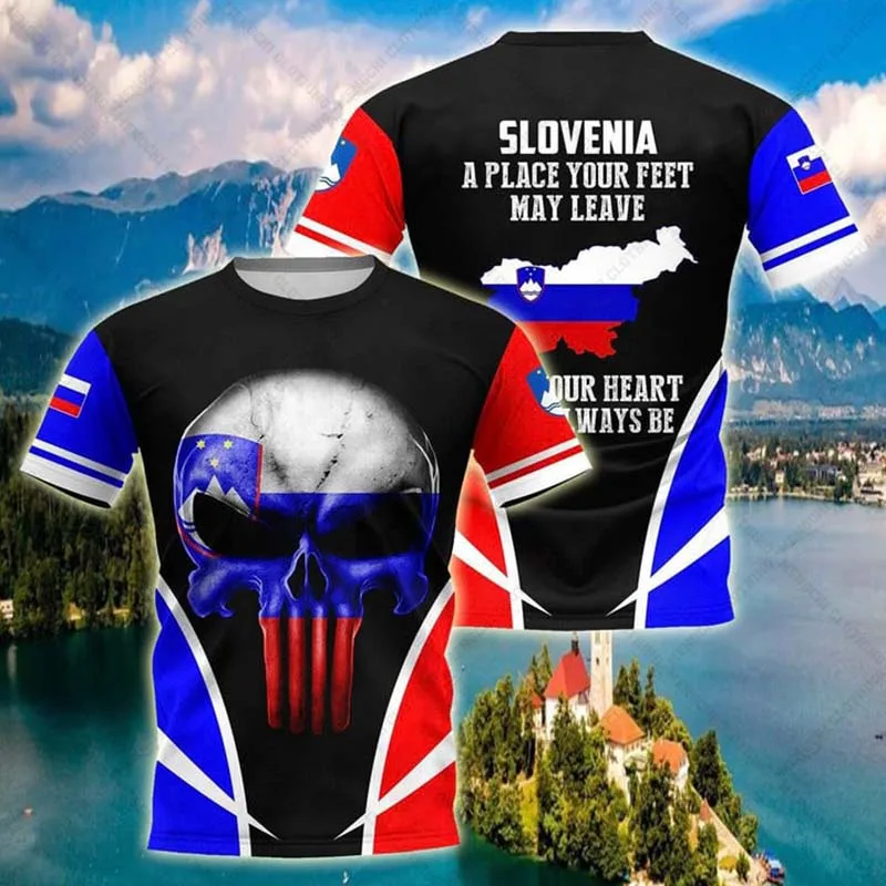Custom Summer Casual Slovenia Flag Skull Graphic T-shirts Men's Fashion E-Sports Jersey Loose Oversized Short Sleeve Tops