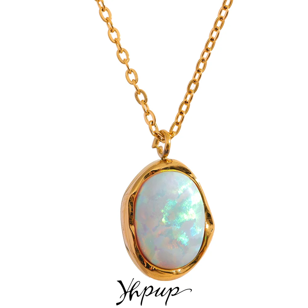 Yhpup Exquisite Stylish Processed Opal Stone Minimalist Small Chic Pendant Necklace 18k Gold Plated Jewelry for Women Gift