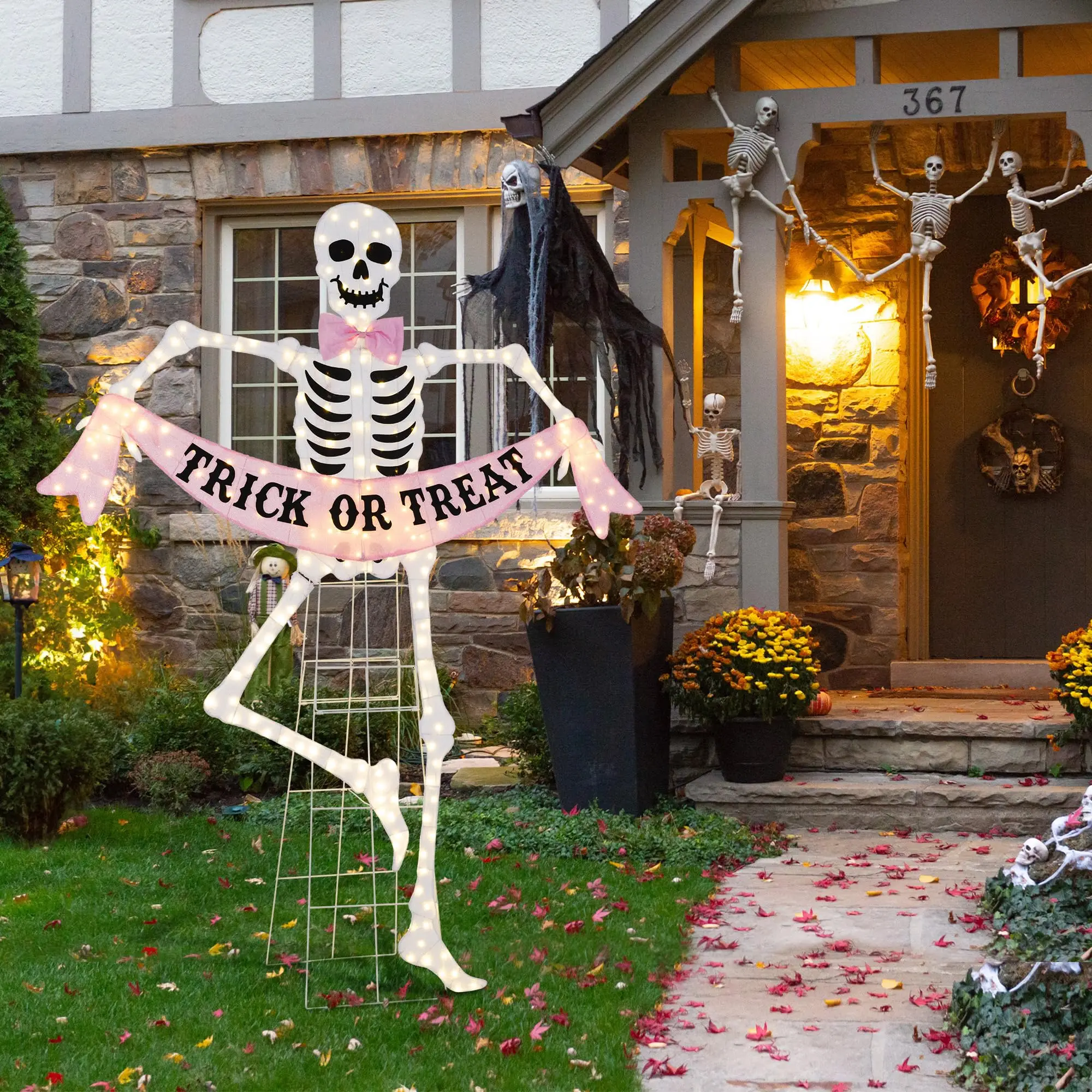 Lighted Halloween Outdoor Decor, 2D Skeleton Decoration with 220 Warm White LED Lights Pink Bow Tie and Trick Or Treat Banner