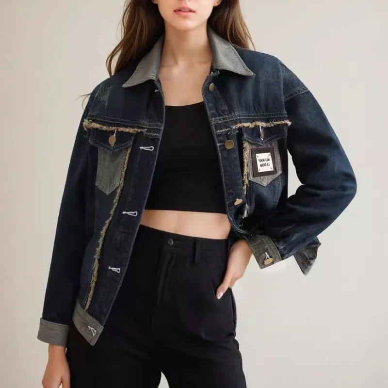 الربيع والخريف الربط الخام حافة الدنيم معطف المرأة الجديدة فضفاضة Bf الرياح الرجعية سترة السيدات فضفاضة قصيرة راعية البقر معاطف القمم