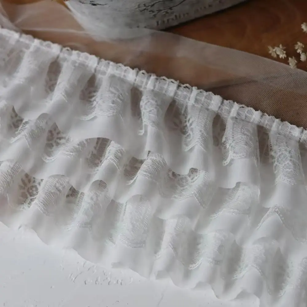 13cm Wide Chiffon Mesh Fabric 3D Pleated Three Layers Chiffon Lace Edge Embroidered Tulle Lace Fabric