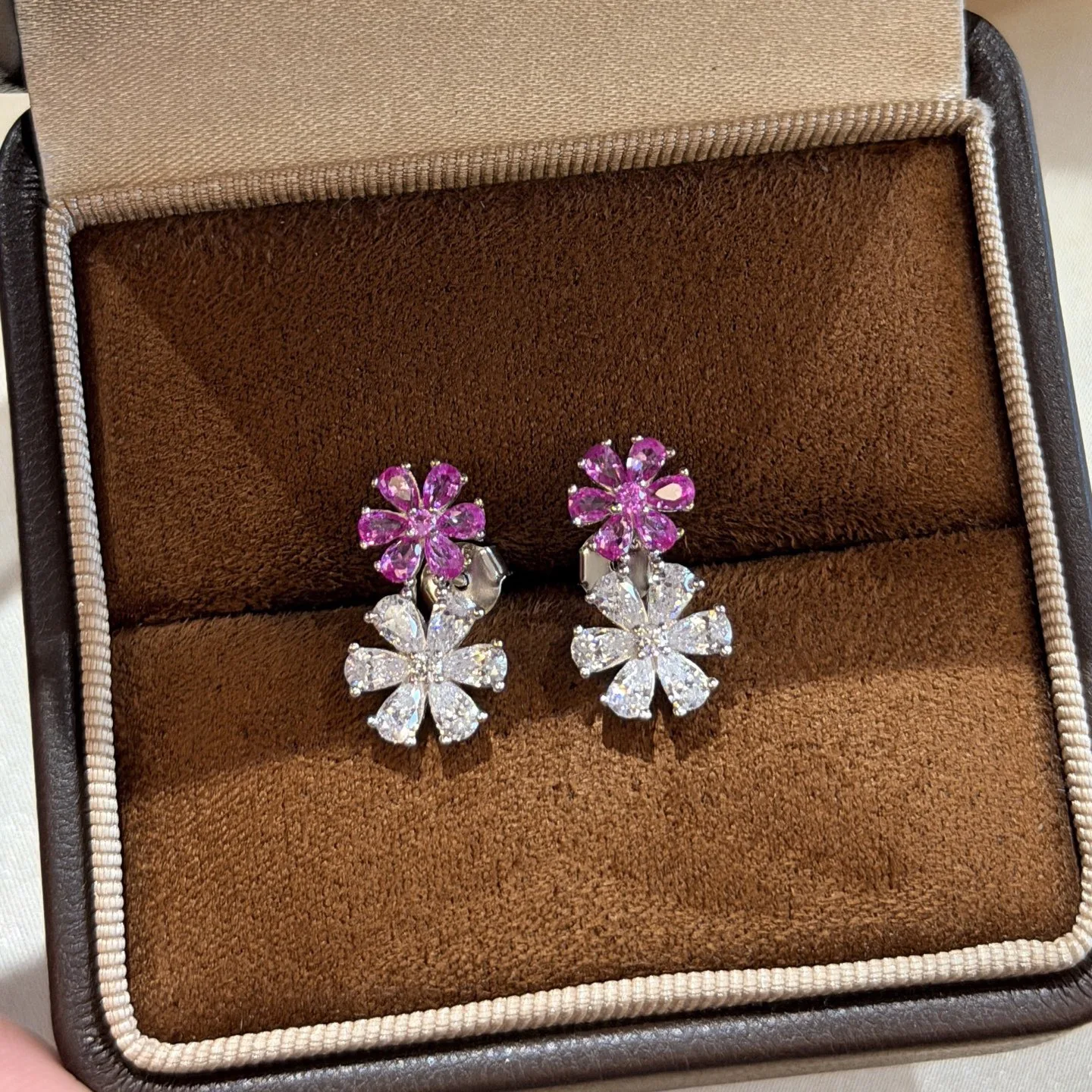 Trendy 925 Sterling Silver Drop Earrings For Women Double Daisy Flower Cluster Pink and Clear Stones Luxury Fine Jewelry
