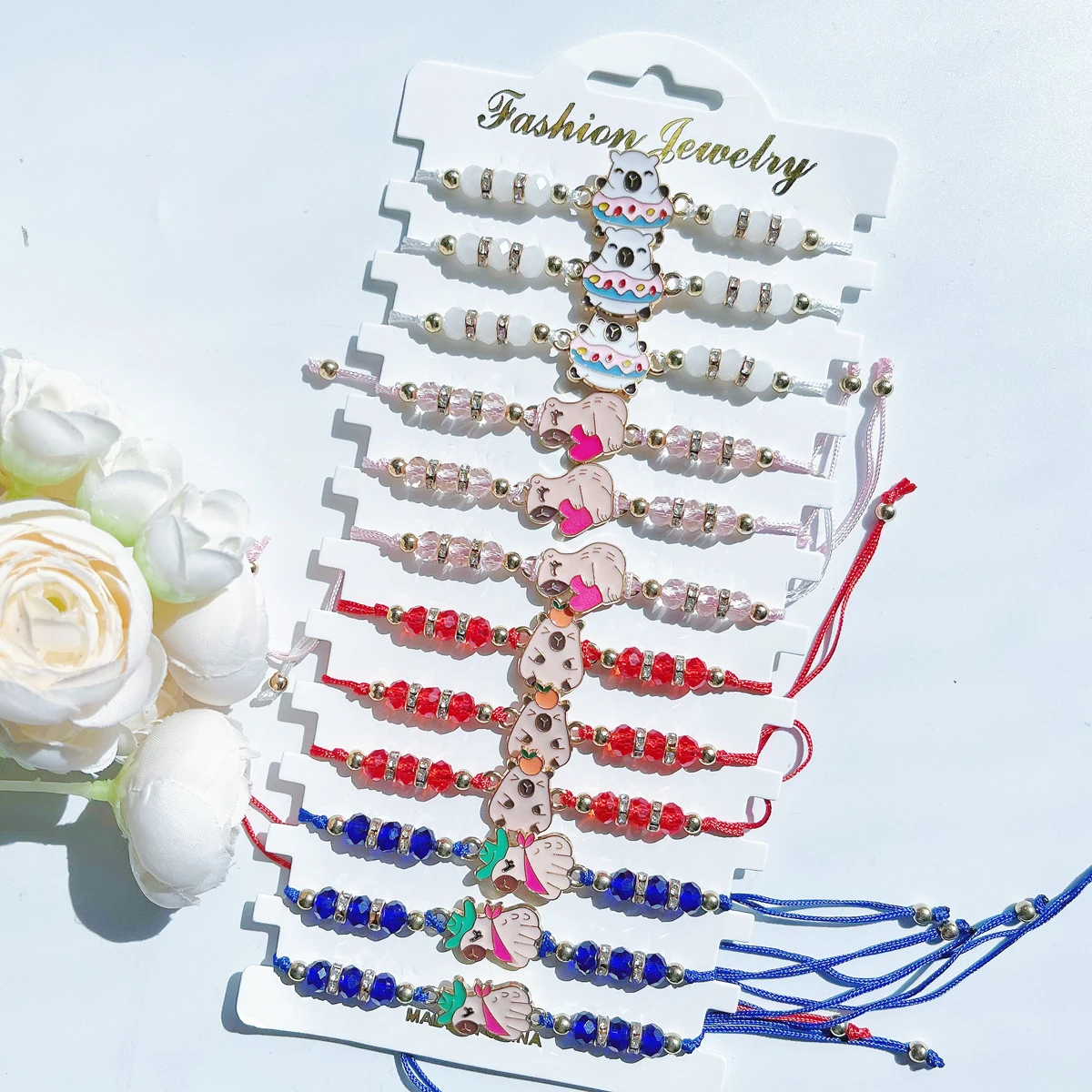 Juego de 12 piezas de pulsera de cuentas de diamantes de imitación con solapa Kapi de cristal multicolor, pulsera de amistad de dibujos animados para niño y niña