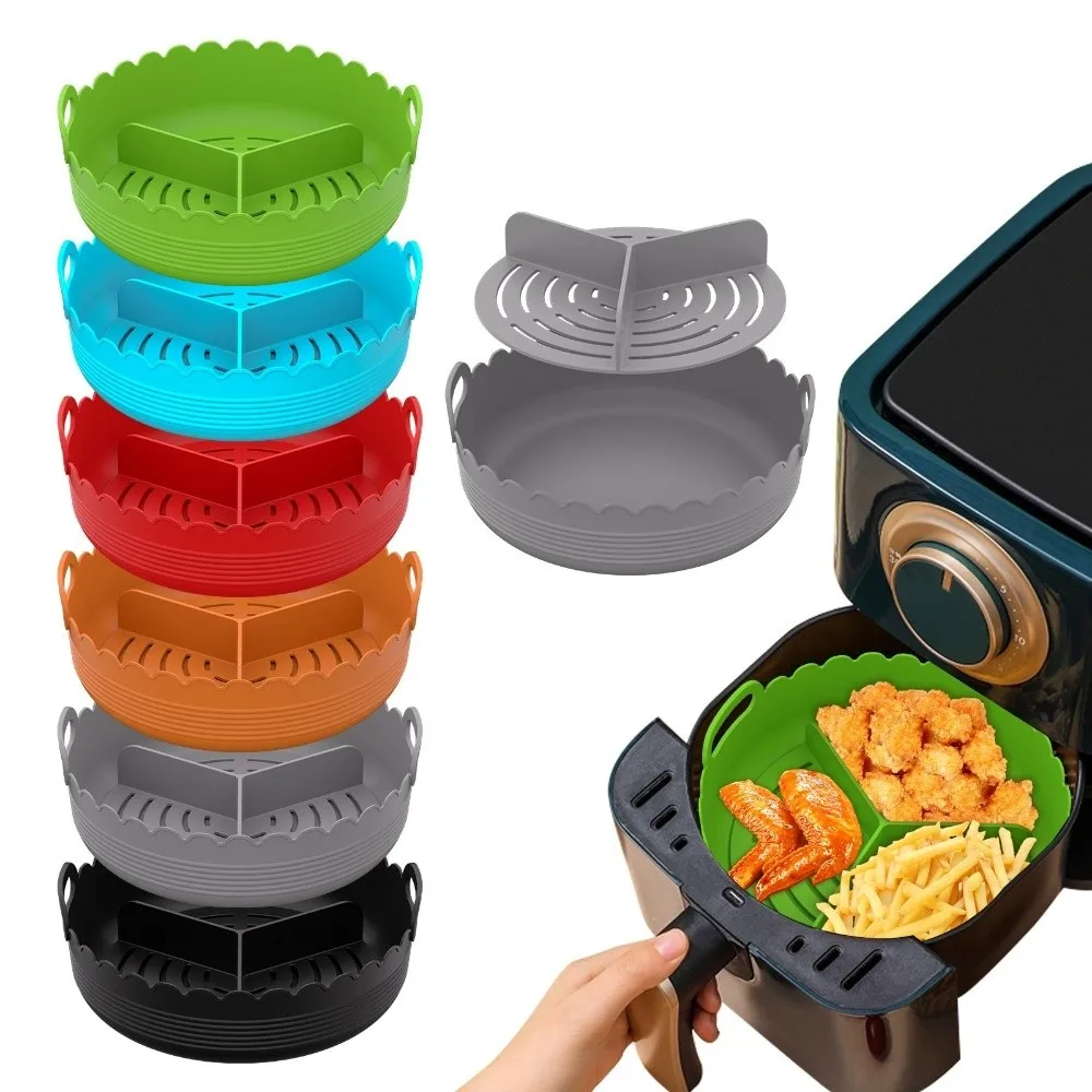 Multi-color Silicone Air Fryer Liners Food-grade Non-stick 3 Grids Oven Tray Reusable 7/8 Inch Divided Airfryer Basket