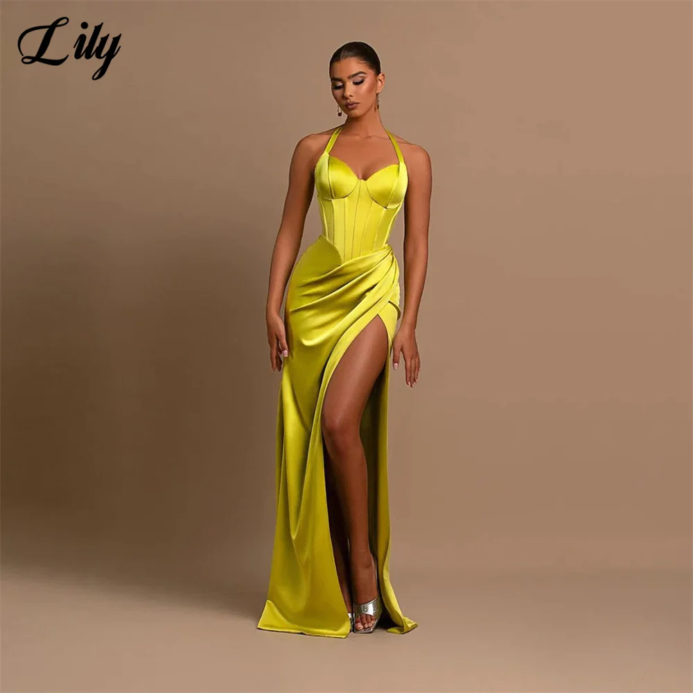 Lily Yellow Halter Prom Dresses High Split Evening Dresses For Wedding Stain Sleeveless Party Dresses Floor Length robe soirée