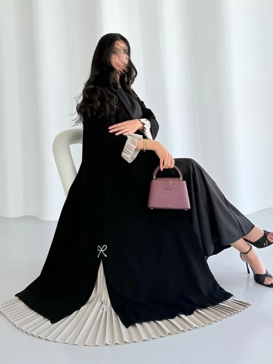Eid Women Pleated Abaya Patchwork Cardigan Pleated  Muslim Ramadan Dubai Vestidos Largos Islam Arab Long Robe Morocco Kaftan
