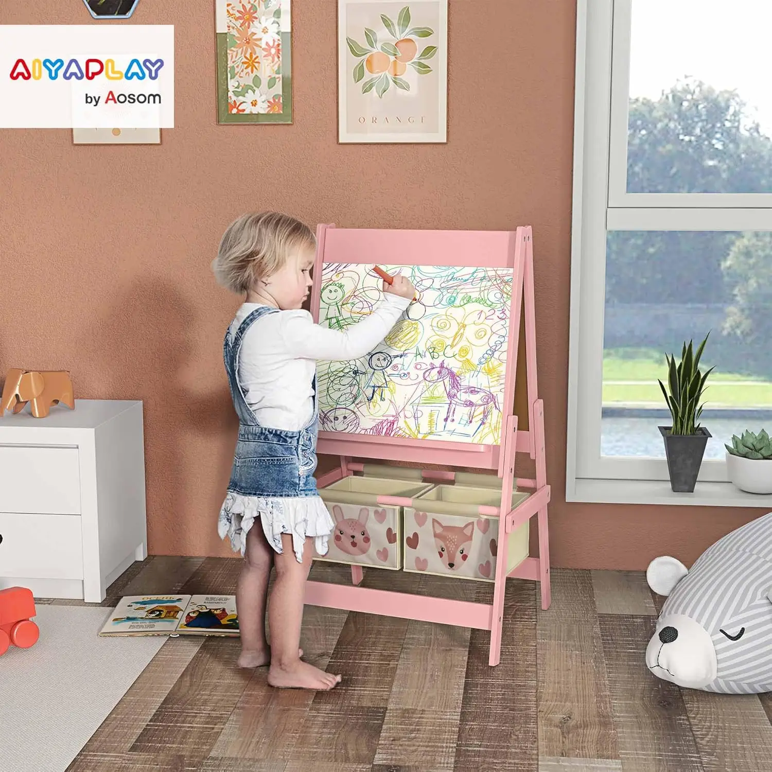 حامل فني للأطفال 3 في 1 مع سبورة بيضاء ولفة ورق وسلال تخزين بتصميم حيوانات وردية للأعمار من 3 إلى 8 سنوات #2