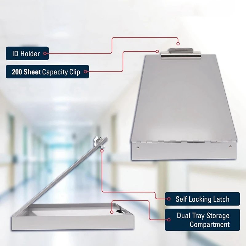

Metal Clipboard with Storage, Silver Dual Layer Clipboard , Letter Size Paper Organizer, with Self Locking Latch-SPMI