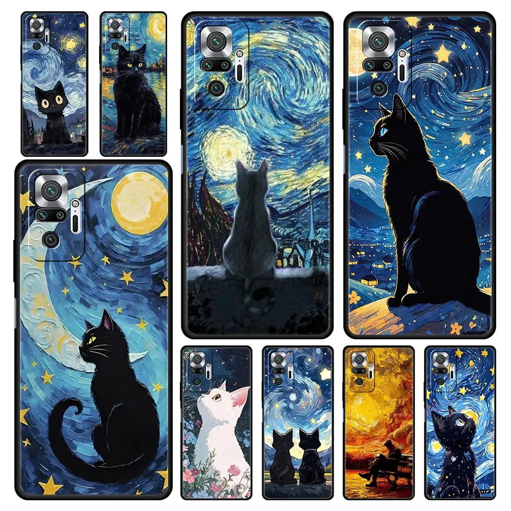 Coque de téléphone chat Van Gogh ciel étoilé, étui souple en TPU pour Xiaomi Redmi Note 14 13 12 5G 11 10 Pro Plus 4G 9S 9 14C 13C 12C 10C 9C 9A
