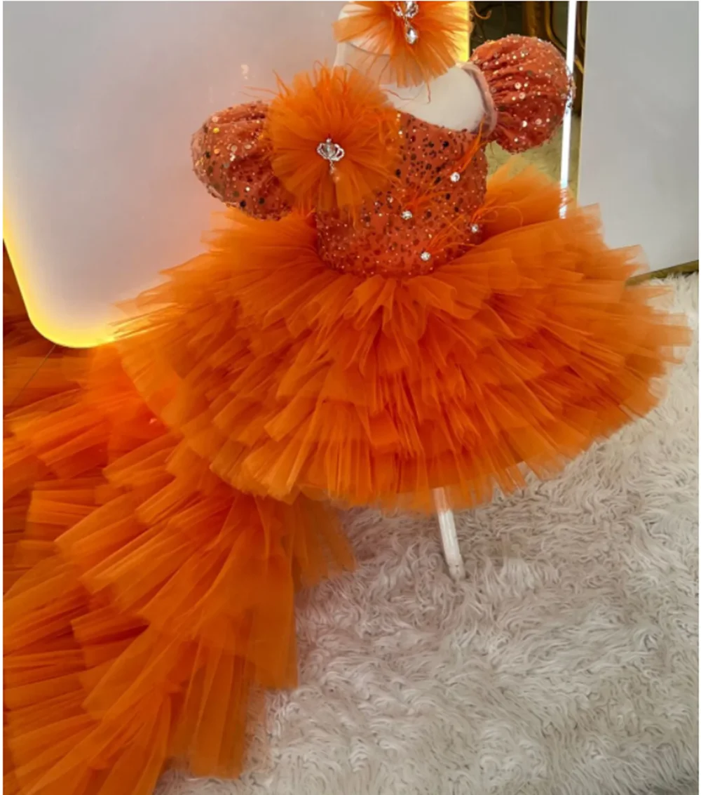 Puffy Layered Blumenmädchenkleider Orange für Hochzeit Pailletten Tüll mit Schleife Kleid Formelle Party Geburtstag Prinzessin Ballkleider