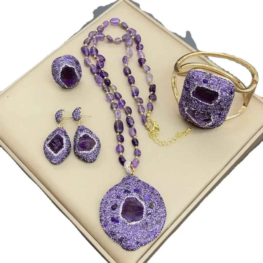 Natural amethyst jewelry set French niche inlaid crystal pearl color-preserving electroplated necklace earrings, ring bracelet