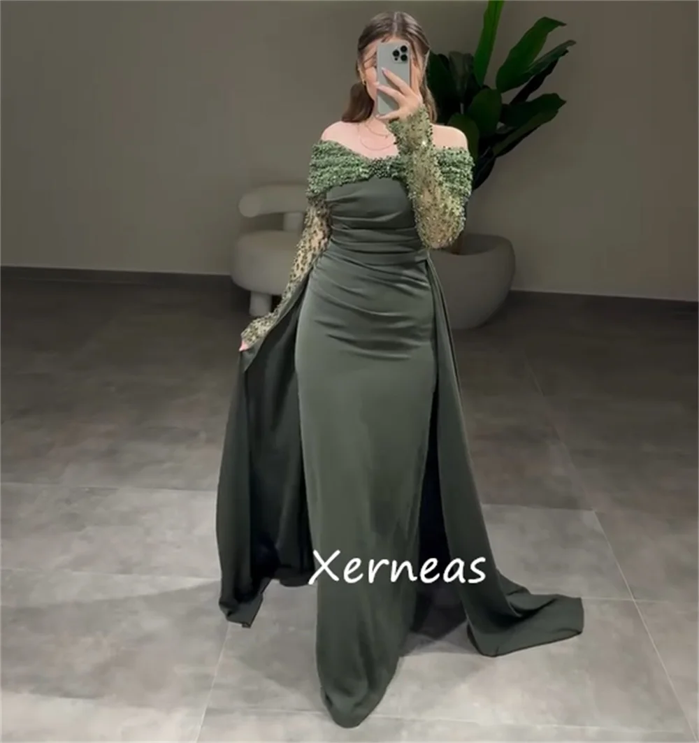 Customized Matching Jersey Pleat Sequined Straight Off-the-shoulder Long Dresses Bespoke Occasion Chinese Style