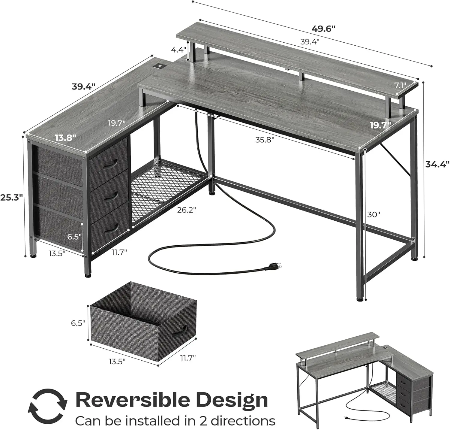 Reversible L Shaped Computer Desk with Drawers,LED Lights and Power Outlets,Storage Shelves,Monitor Stand,for Home & Office