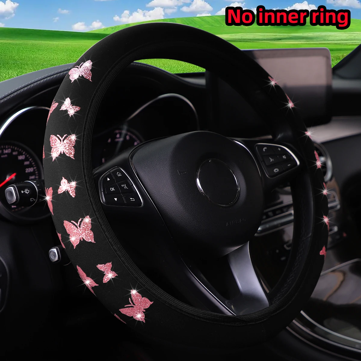 1 Glitter Butterfly Blingbling Fabric Waterproof Non-slip Steering Wheel Cover Fits 14.5-15 Inches