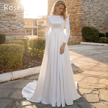 Muslimische hochwertige A-Linie Elfenbein Brautkleider O-Ausschnitt großen Bogen voll drapierte Falten Pinsel Zug Satin Brautkleid Robe de Mariée