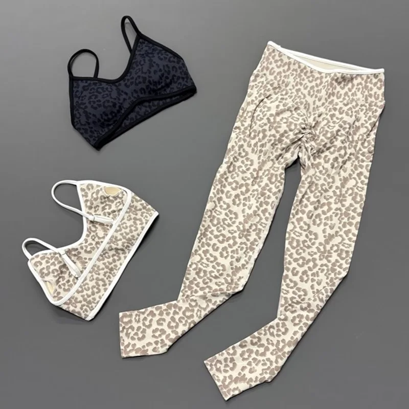2 Piece Leopard Yoga Set Women Spaghetti Strap Sports Bra Tummy Control Hip Lifting Stretch Leggings Gym Fitness Workout Sets