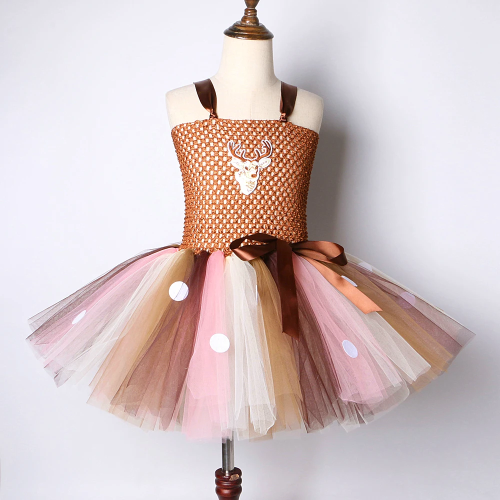 Brown Deer Tutu Dress for Girls Christmas Halloween Costume Kids Reindeer Princess Dresses Knee-length Xmas Children\'s Clothes