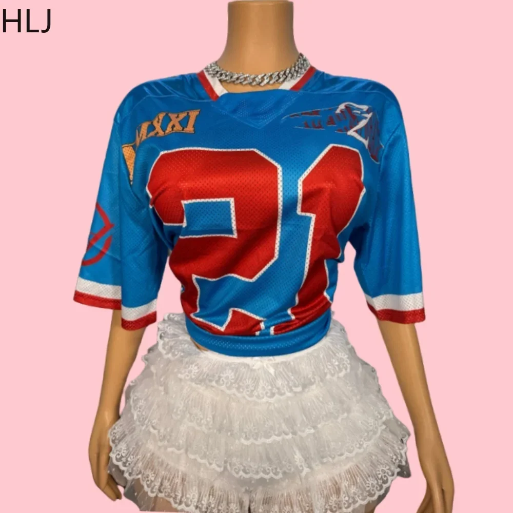 

HLJ&GG Blue Fashion Letter Print Basketaball Tshirt Tow Piece Sets Women V Neck Loose Top+Lace Ruched Skirts Shorts 2pcs Outfit