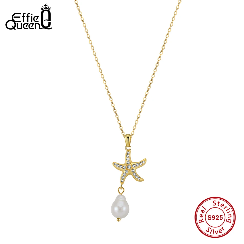 EFFIE QUEEN 925 Sterling Silver Conch Shell Natural Pearl Pendant Choker Necklace CZ Beach Ocean Bohemian Vacation Gift GPN85
