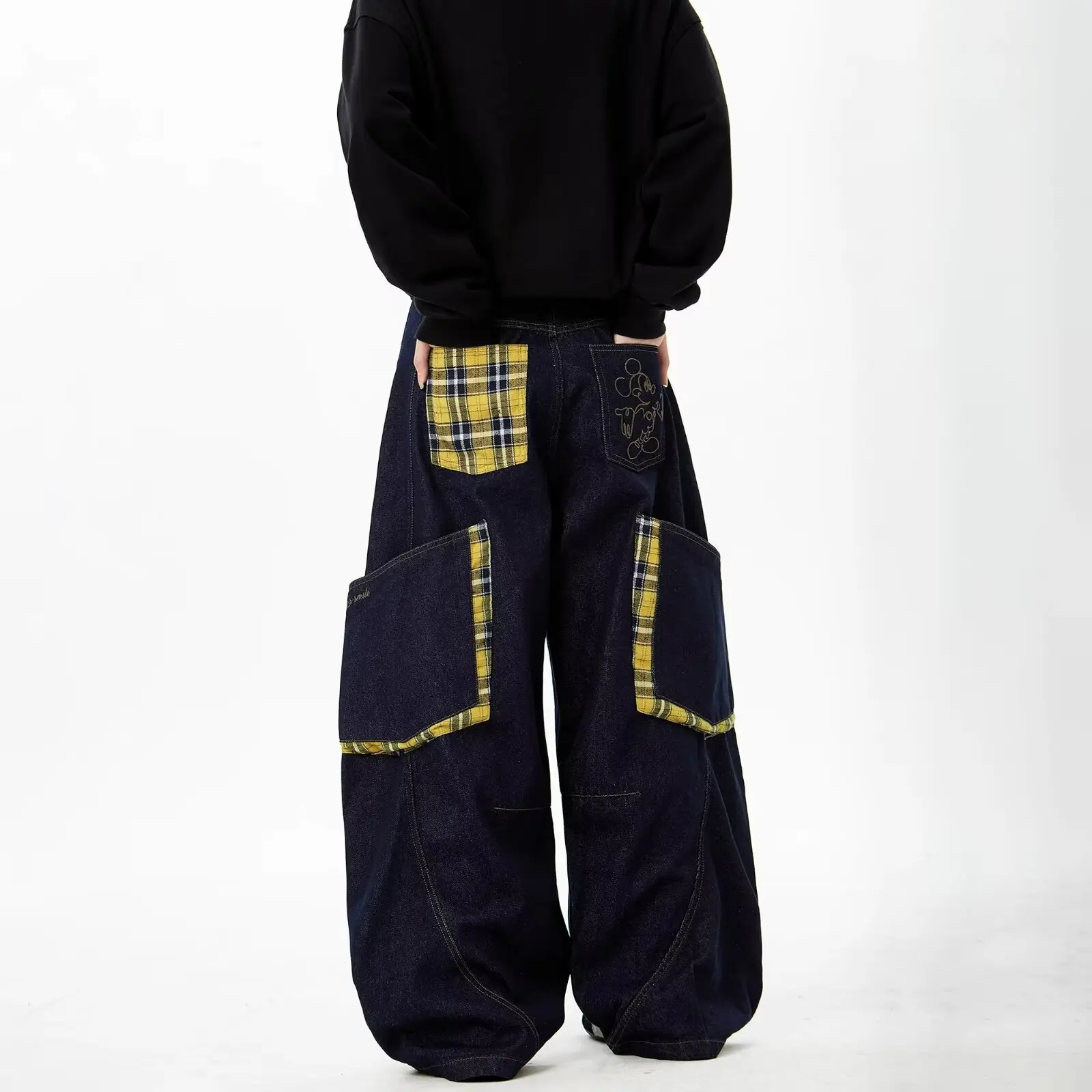 

American street niche design, patchwork jeans checkered curved knife trendy brand retro high waisted wide leg pants trendy