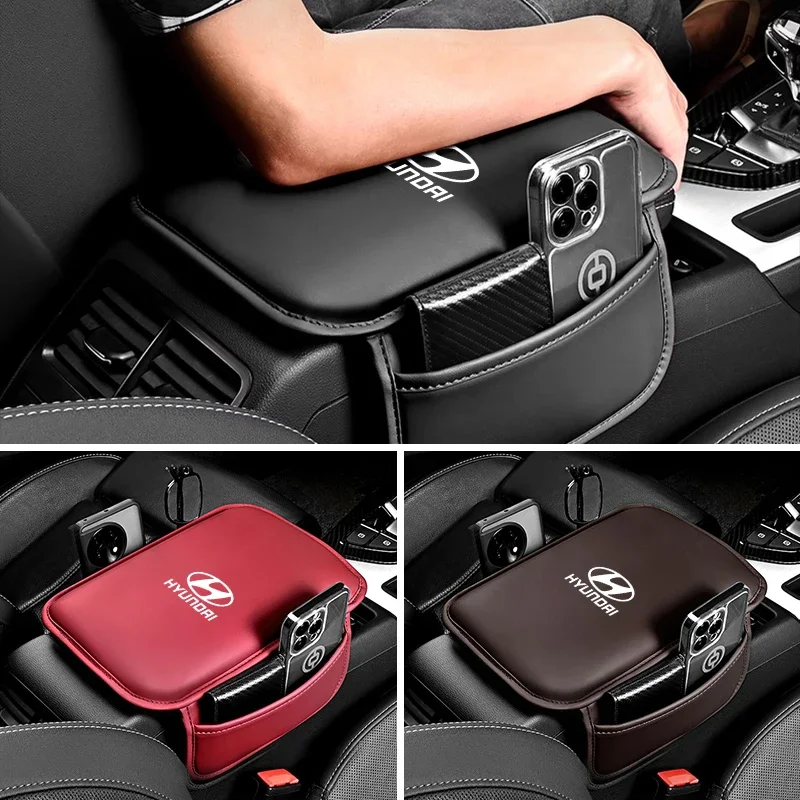 Leather Car Armrest Box Pad Storage Pocket For Hyundai Creta SantaFe Kona Genesis Equus Coupe Azera ioniq Auto Accessories