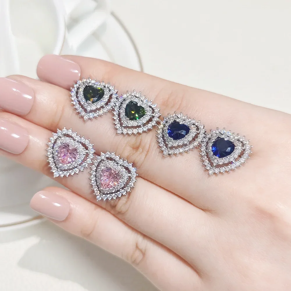 

New Luxury Heart Stud Earrings Women Micro Paved Cubic Zirconia Bling Bridal Wedding Engagement Party Trendy Jewelry